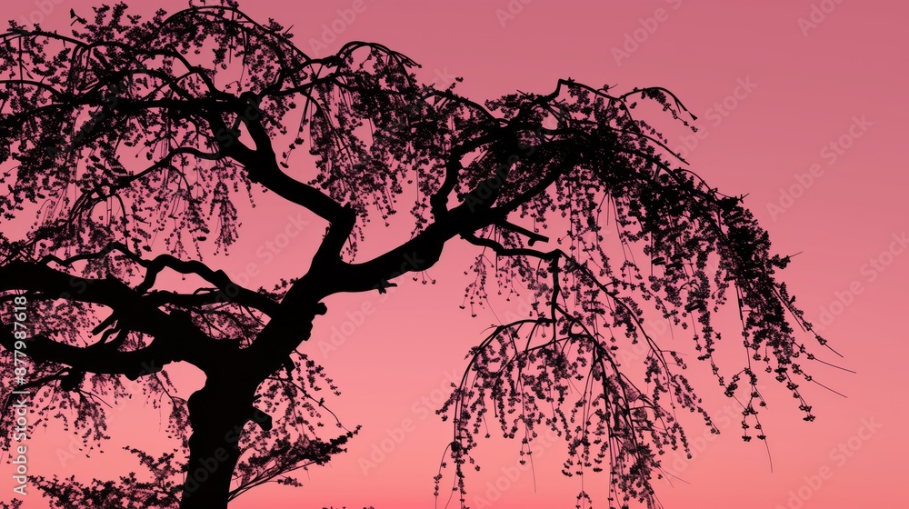 Weeping cherry tree's silhouette against a fading pink sky creates a serene, picturesque scene.