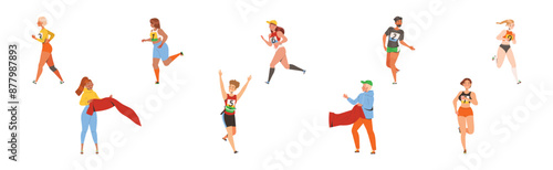 People Character Participating in Marathon Running in Sportswear with Numbers Vector Illustration Set