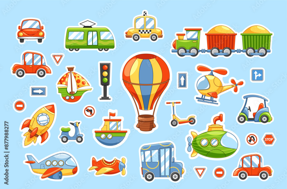 Vibrant Collection Of Cute Cartoon Transportation Stickers Featuring Various Vehicles Including Cars, Planes, Boats Vibrant Collection Of Cute Cartoon Transportation Stickers Featuring Various Vehicles Including Cars, Planes, Boats