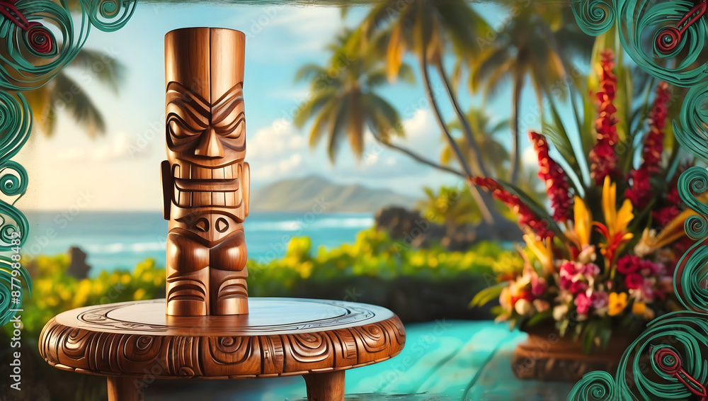 Polynesian culture, isolated wooden carved tiki statue, Hawaii background, banner with copy space text, template