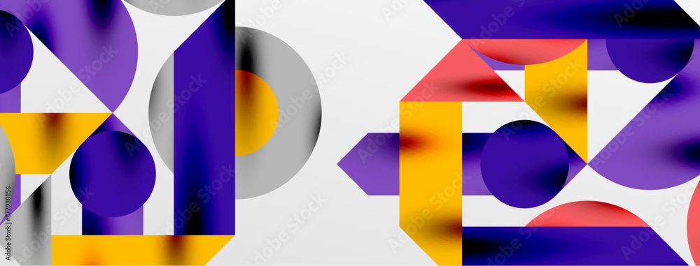 Circles and shadows. Colorful round elements with triangles, semi circles and other shapes. Vector Illustration For Wallpaper, Banner, Background, Card, Book Illustration, landing page Circles and shadows. Colorful round elements with triangles, semi circles and other shapes. Vector Illustration For Wallpaper, Banner, Background, Card, Book Illustration, landing page