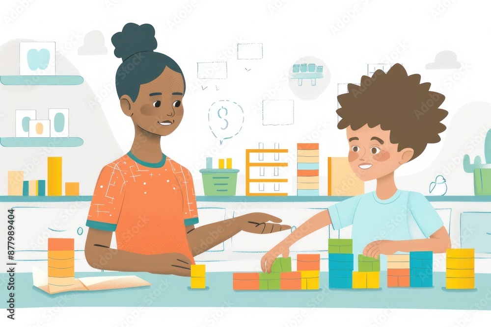 Flat design illustration of a caregiver teaching a child basic math skills using colorful counting blocks. The scene shows the caregiver patiently explaining the concepts while the child practices Flat design illustration of a caregiver teaching a child basic math skills using colorful counting blocks. The scene shows the caregiver patiently explaining the concepts while the child practices