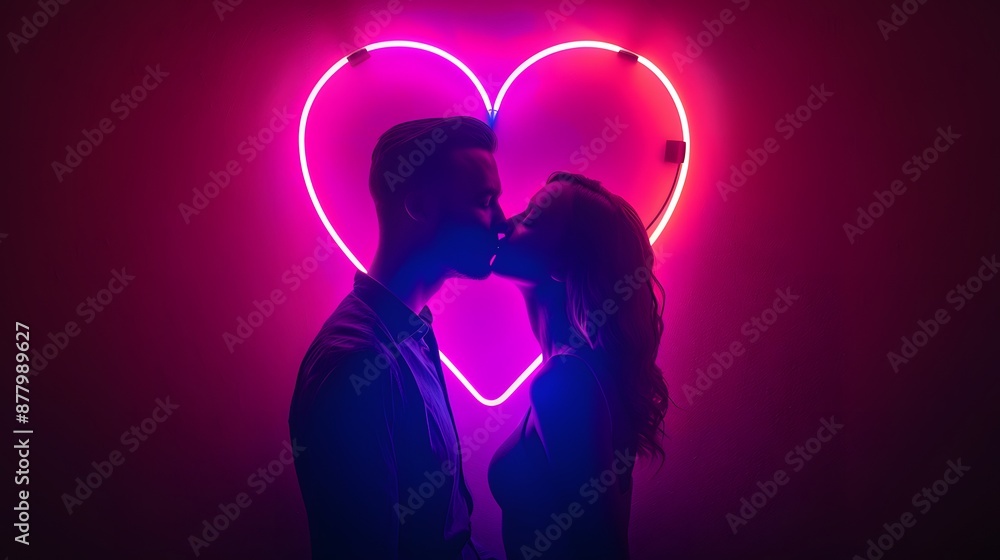 Connecting Hearts: Romantic Neon Sign Kiss, Care and Love Bliss. Connecting Hearts: Romantic Neon Sign Kiss, Care and Love Bliss.
