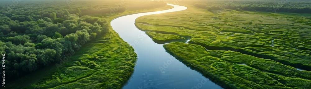 Sunny green meadow with river in sunlight Sunny green meadow with river in sunlight
