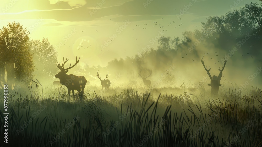 Obraz premium A scene where the morning mist in the fields forms into shapes of mythical creatures roaming freely. 