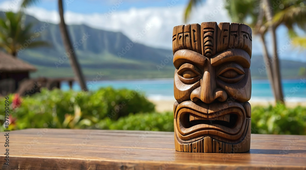 Polynesian culture, isolated wooden carved tiki statue, Hawaii background, banner with copy space text, template