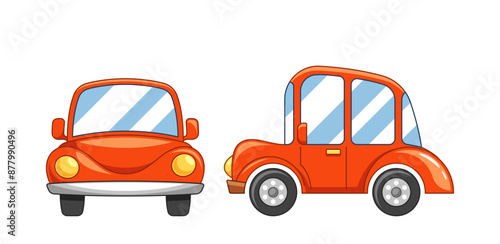 Adorable Cartoon Illustrations Of A Red Car, Shown In Front And Side View. Perfect For Children Design Projects
