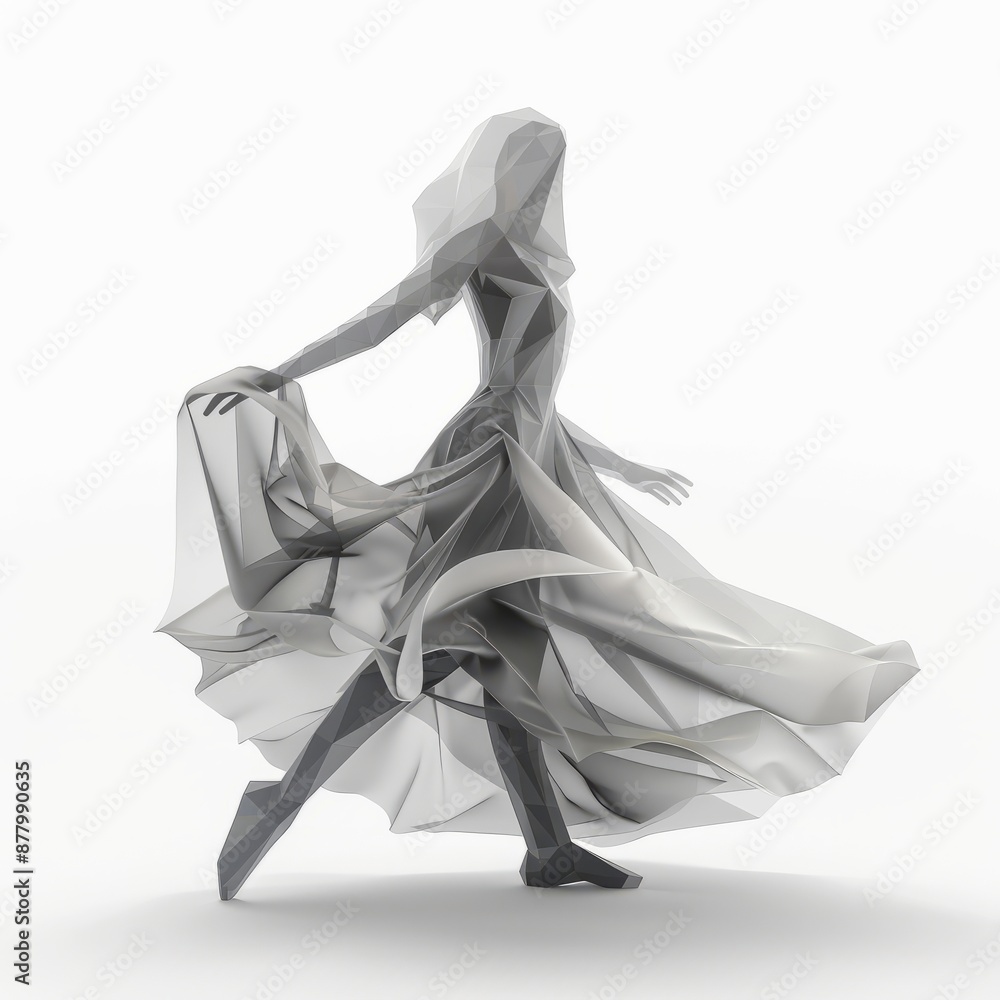 3D Render, Low Poly style of a ghostly dancer with flowing dress and ethereal movements, on isolated white background, Generative AI 3D Render, Low Poly style of a ghostly dancer with flowing dress and ethereal movements, on isolated white background, Generative AI