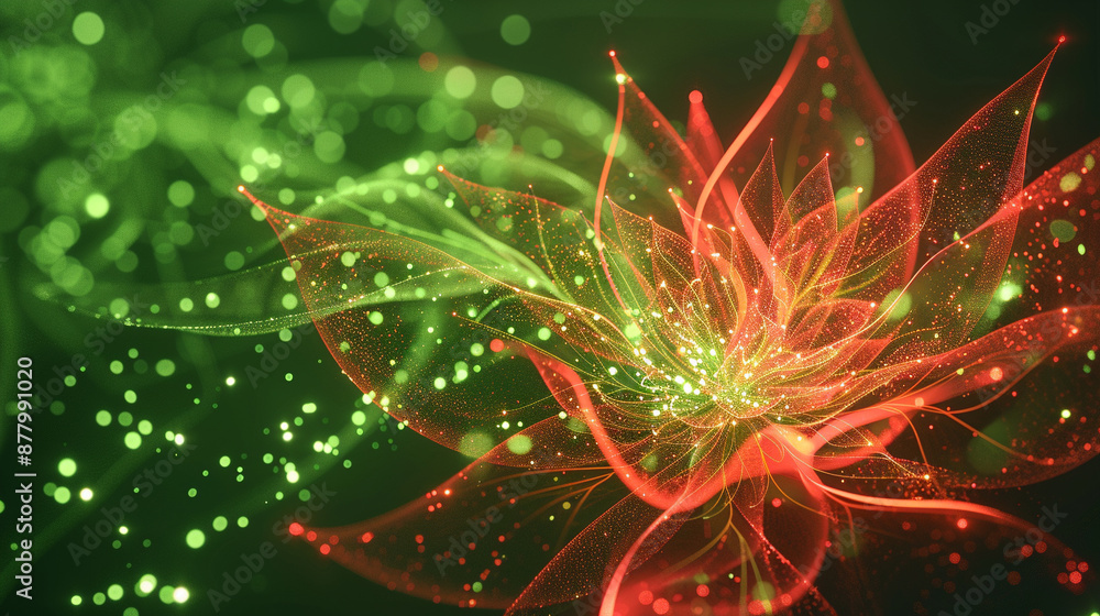 3D rendering colorful red green particle line like a flower grow bloom. Glowing lines and light particles on dark green red background. 3D rendering colorful red green particle line like a flower grow bloom. Glowing lines and light particles on dark green red background.