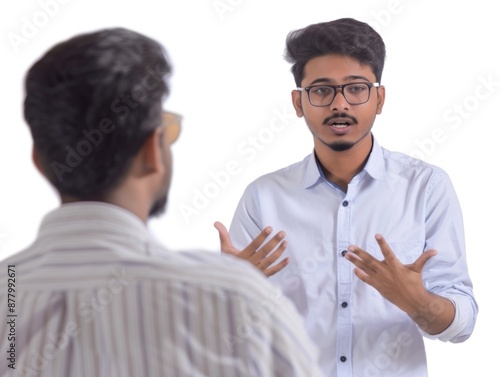 Two men discussing something, one wearing a white shirt