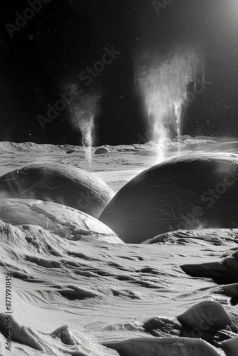 The icy geysers of Enceladus, a moon of Saturn, shooting plumes of water vapor into space from beneath its frozen surface, Generative AI photo