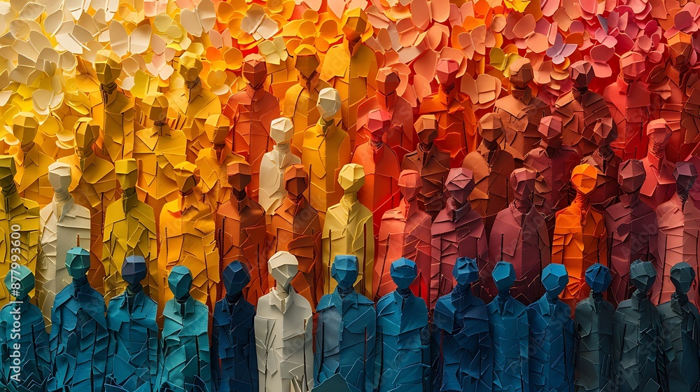 Fototapeta premium Banner background of a colorful crowd of people made of cut-out paper representing a dense mob gathered at a public event
