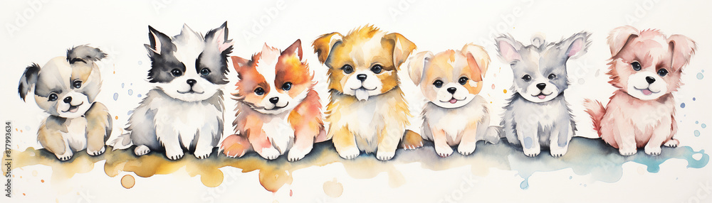 Watercolor painting of puppies are sitting in a row. The puppies are of different colors and sizes. Concept of warmth and happiness, as the puppies are all sitting together and looking at the camera.