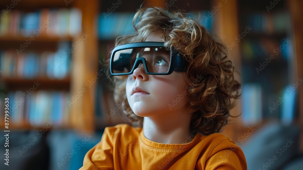 Curly-haired child wearing VR glasses, immersed in virtual reality, enjoying a futuristic experience at home, surrounded by bookshelves. Curly-haired child wearing VR glasses, immersed in virtual reality, enjoying a futuristic experience at home, surrounded by bookshelves.