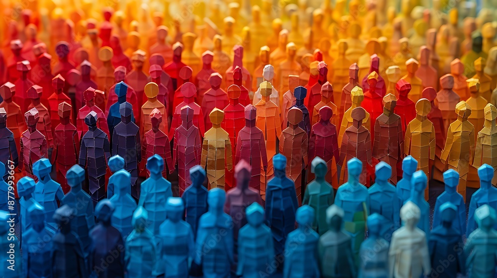 Fototapeta premium Banner background of a colorful crowd of people made of cut-out paper representing a dense mob gathered at a public event 
