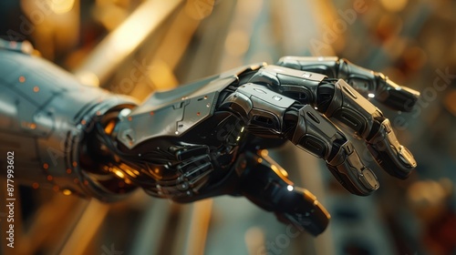 Close-up of a robotic hand with intricate metallic details, showcasing advanced technology and engineering. Perfect for tech and innovation themes.