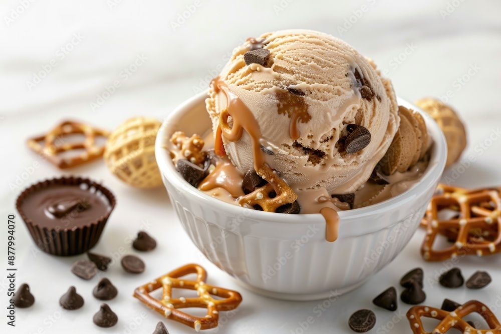Rich Peanut Butter Ice Cream Dessert with Pretzels, Chocolate Chips, and Peanut Butter Cups - Perfect for Delicious Treats and Food Photography Rich Peanut Butter Ice Cream Dessert with Pretzels, Chocolate Chips, and Peanut Butter Cups - Perfect for Delicious Treats and Food Photography