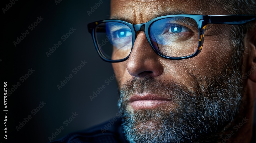 Close up of a person with glasses, featuring a detailed view of their facial features and eyewear Close up of a person with glasses, featuring a detailed view of their facial features and eyewear