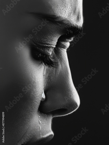 Close-up black and white photo of a person's tearful face, showcasing deep emotion and vulnerability. photo