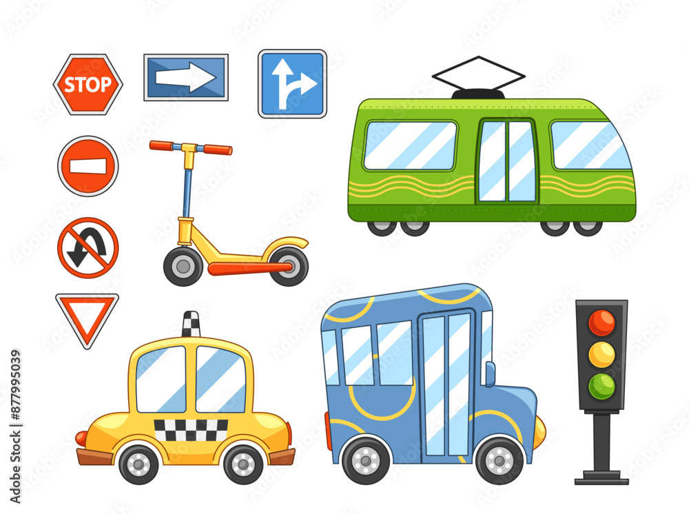 Fototapeta premium Cute Transport Elements Including Tram, Bus, Taxi, Scooter And Traffic Signs Like Stop, No Entry And Traffic Lights