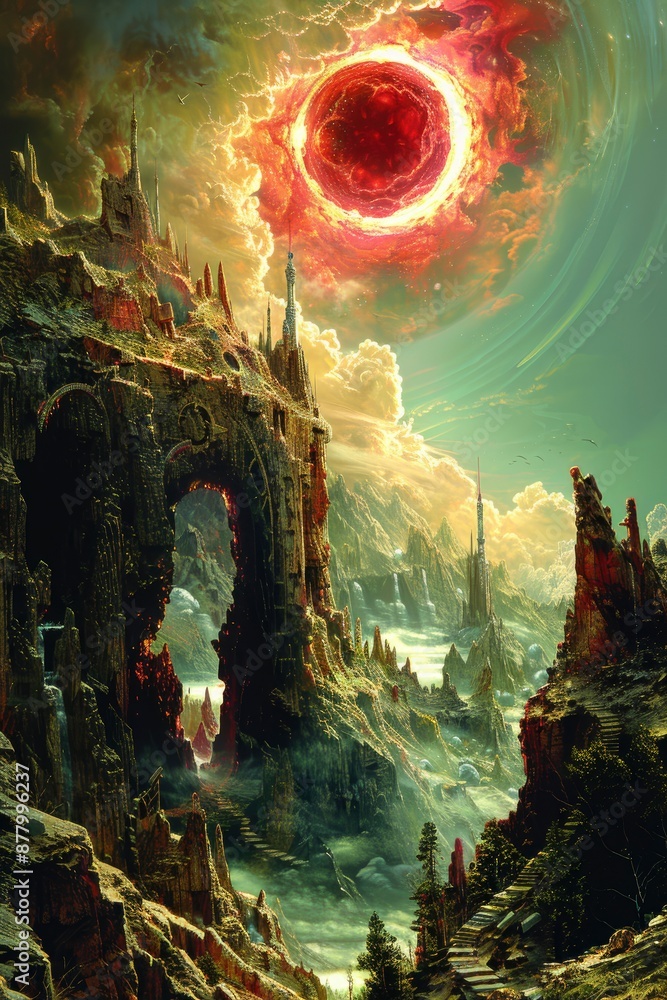 Obraz premium Illustration of a space caravan, intricate and vibrant, caravans, shades of gold and black, detailed landscapes, creatures, dark purple, artwork is inspired, ZdzisBaw BeksiDski's