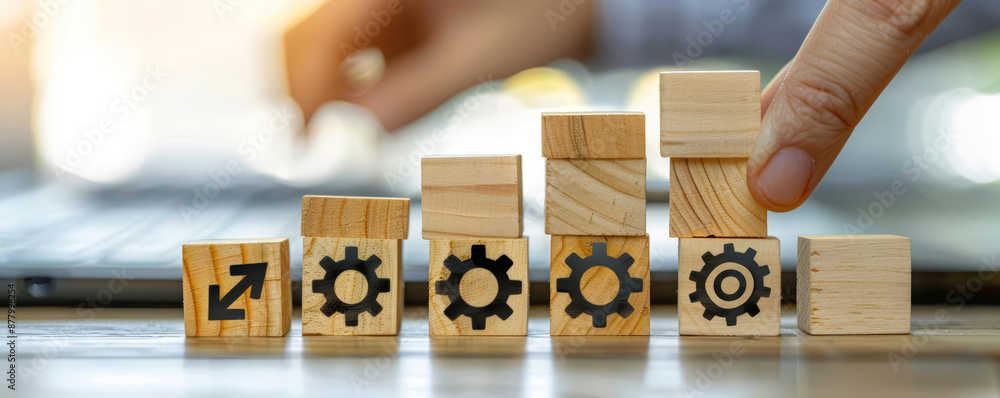 Wooden blocks with an upward arrow and gear icon on a white background, a businessperson climbing a ladder to success Minimalist style, clear and refined Wooden blocks with an upward arrow and gear icon on a white background, a businessperson climbing a ladder to success Minimalist style, clear and refined