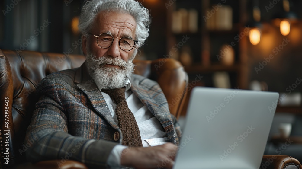 Senior Man Using Laptop in a Cozy Setting Senior Man Using Laptop in a Cozy Setting