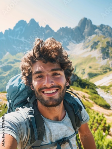 A person hiking up a mountain with a backpack, suitable for outdoor adventure and travel images