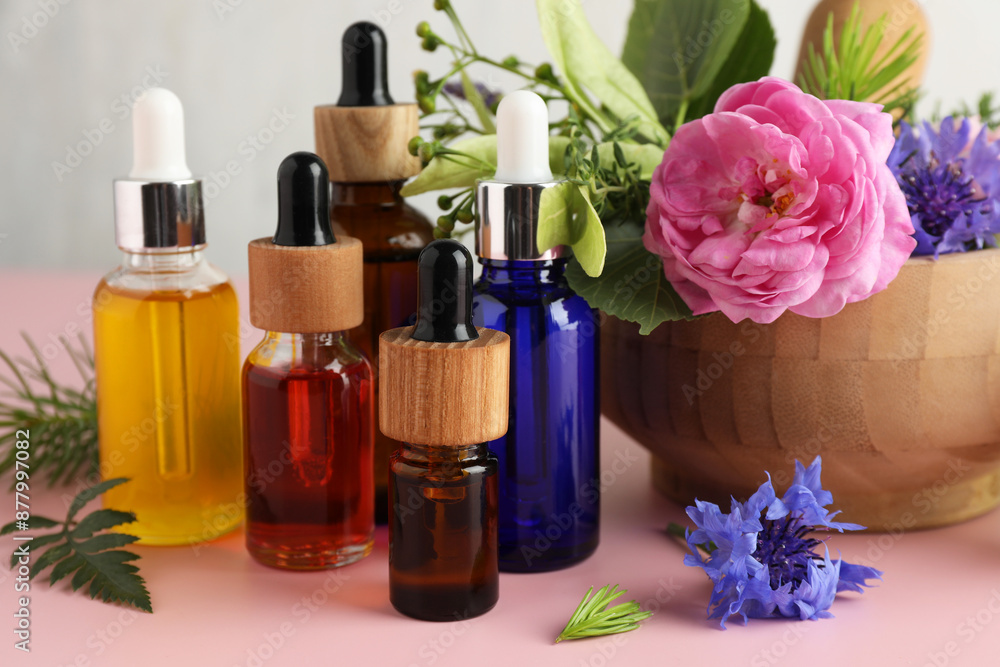 Aromatherapy. Different essential oils and flowers on pink table Aromatherapy. Different essential oils and flowers on pink table