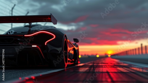 Supercar on track at sunset, hyper-detailed textures, 8K resolution, realistic details, Karl Taylor inspired, HDRIs from Polyhaven