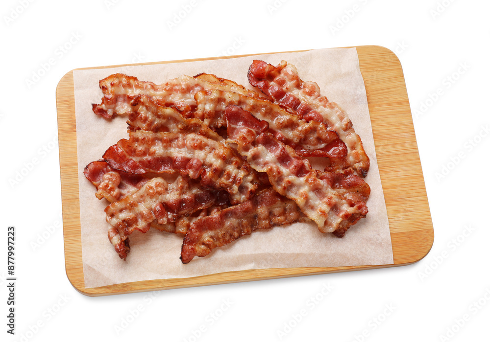 Slices of tasty fried bacon isolated on white, top view Slices of tasty fried bacon isolated on white, top view