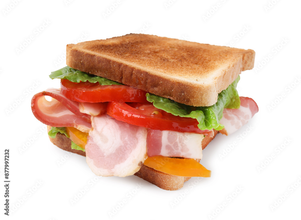 Tasty sandwich with bacon and bell pepper isolated on white Tasty sandwich with bacon and bell pepper isolated on white