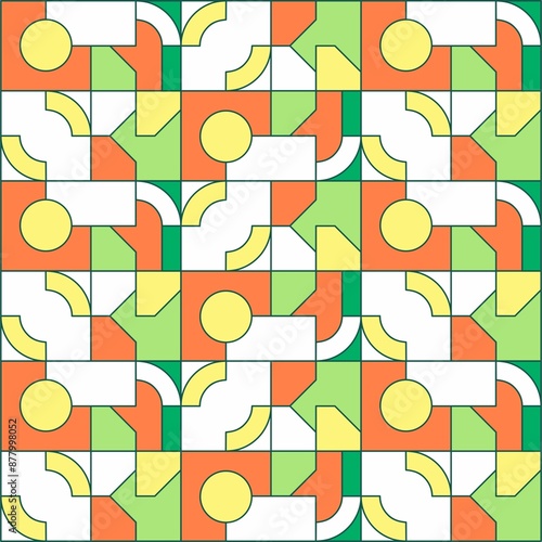 Wallpaper Mural Beautiful of Colorful Green, Orange,  Yellow, White  Rectangle and Circle, Repeated, Abstract, Illustrator Pattern Wallpaper. Image for Printing on Paper, Wallpaper or Background, Covers, Fabrics Torontodigital.ca