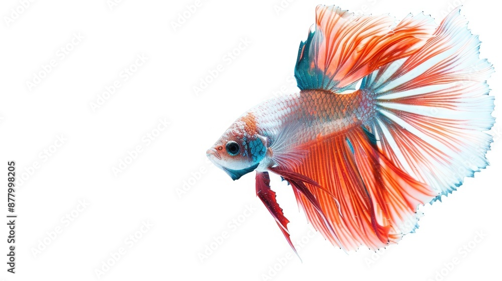 Fototapeta premium Siamese fighting fish in action in tank with white background Thai fighting fish with space for text