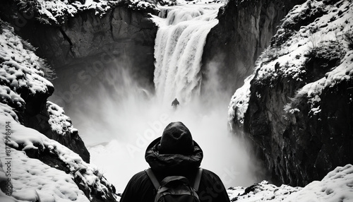 Waterfall Roams in Cloudy Winter: The Seeker's Jaunt Enveloped in Landslide
