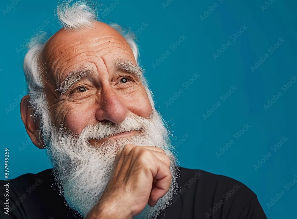 Photo of happy senior man with white beard touching his chin and looking at camera isolated on blue color background, closeup portrait, studio shot Photo of happy senior man with white beard touching his chin and looking at camera isolated on blue color background, closeup portrait, studio shot