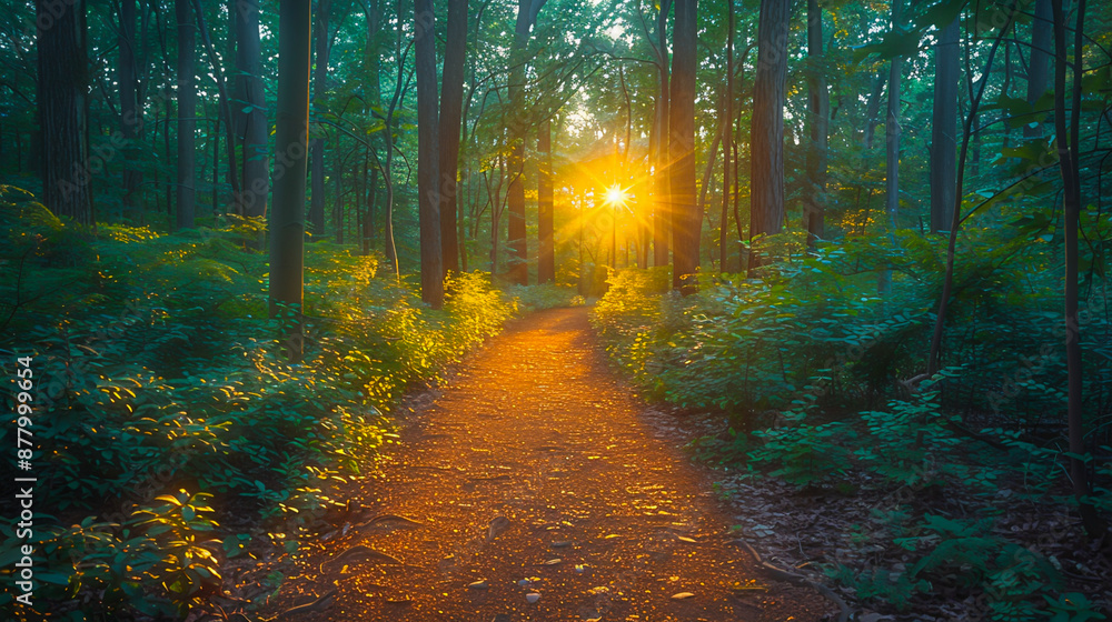 Fototapeta premium Serene Forest Pathway with Gentle Sunlight Filtering Through Trees