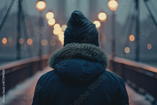 A person stands alone on a bridge under the stars, perfect for nighttime or evening scenes