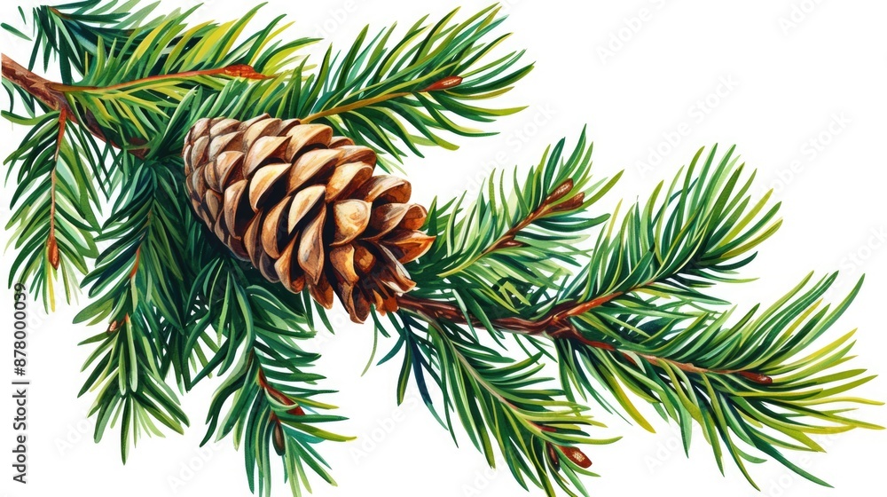 A delicate watercolor painting of a pine cone nestled in its branch, perfect for use in nature-inspired designs A delicate watercolor painting of a pine cone nestled in its branch, perfect for use in nature-inspired designs