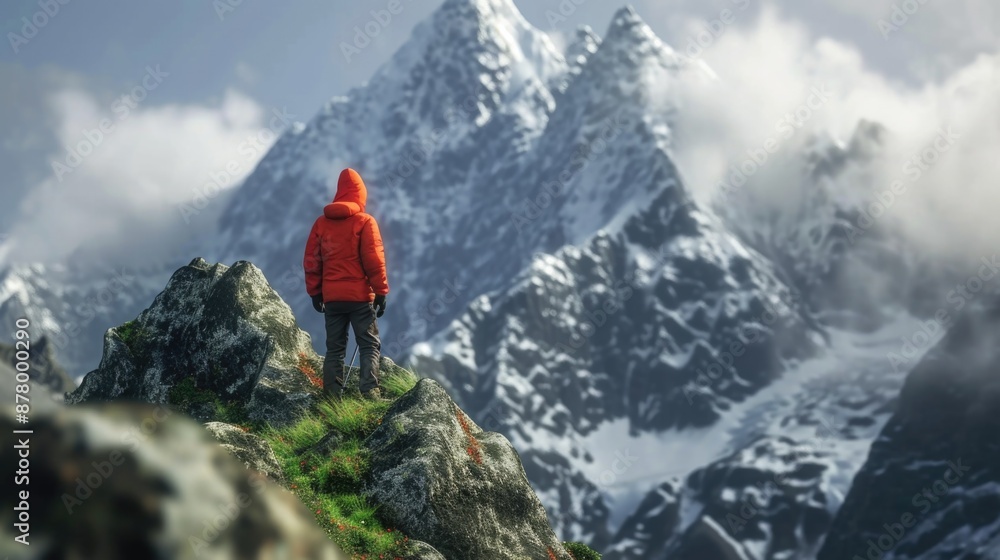 Person stands at the summit, wearing bright red jacket and gazing out at the landscape Person stands at the summit, wearing bright red jacket and gazing out at the landscape