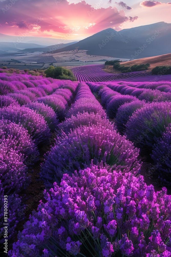 Obraz premium A panoramic view of a captivating lavender field in full bloom, highlighted by a soft purple hue and sunlight