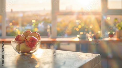 Sunlit Modern Kitchen Interior with Marble Countertop and Cityscape View. Blurred Urban Landscape and Glass Bowl with Apples. Elegant Apartment Design and Bright, Airy Atmosphere.
