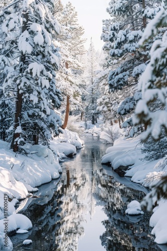 A serene winter scene featuring a frozen stream running through a snow-covered forest