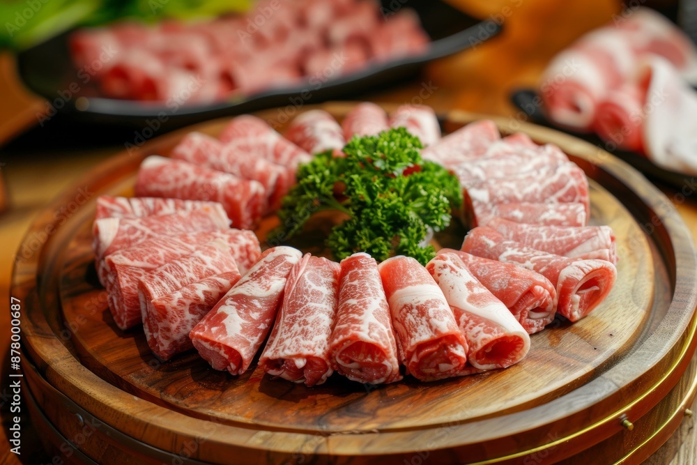 Wooden tray with assorted beef and pork rolls, beautifully arranged Wooden tray with assorted beef and pork rolls, beautifully arranged