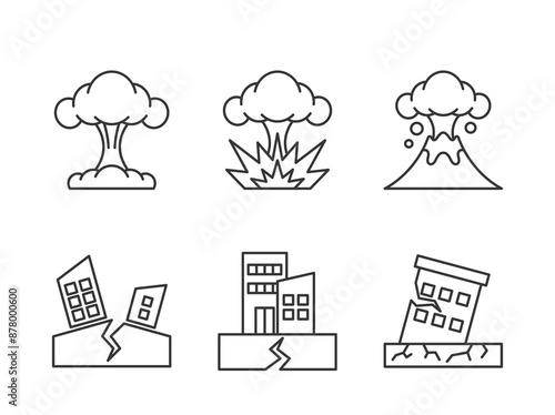 Black And White Icons Representing Natural Disasters As Earthquakes And Volcanic Eruptions, Vector Symbols