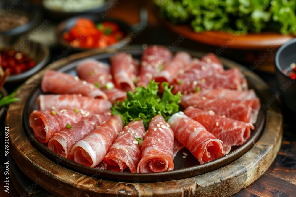 Wooden tray with assorted beef and pork rolls, beautifully arranged Wooden tray with assorted beef and pork rolls, beautifully arranged