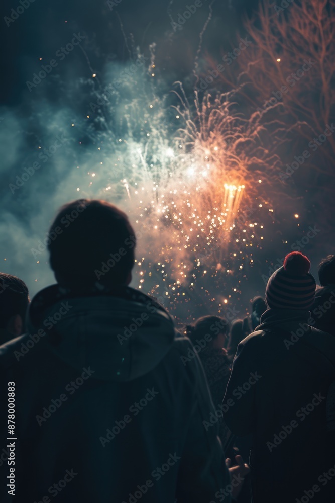 Naklejka premium A group of people watching a firework display on a summer evening