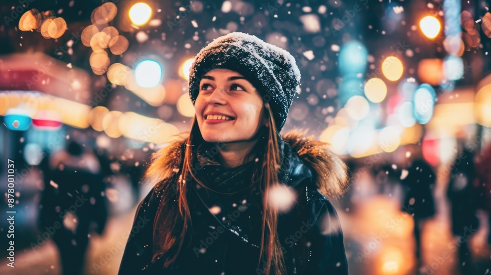 A person stands alone in the snowy landscape at night A person stands alone in the snowy landscape at night