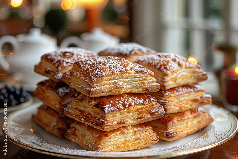 A plate of Eccles cakes, flaky pastries filled with currants and dusted with sugar. A plate of Eccles cakes, flaky pastries filled with currants and dusted with sugar.