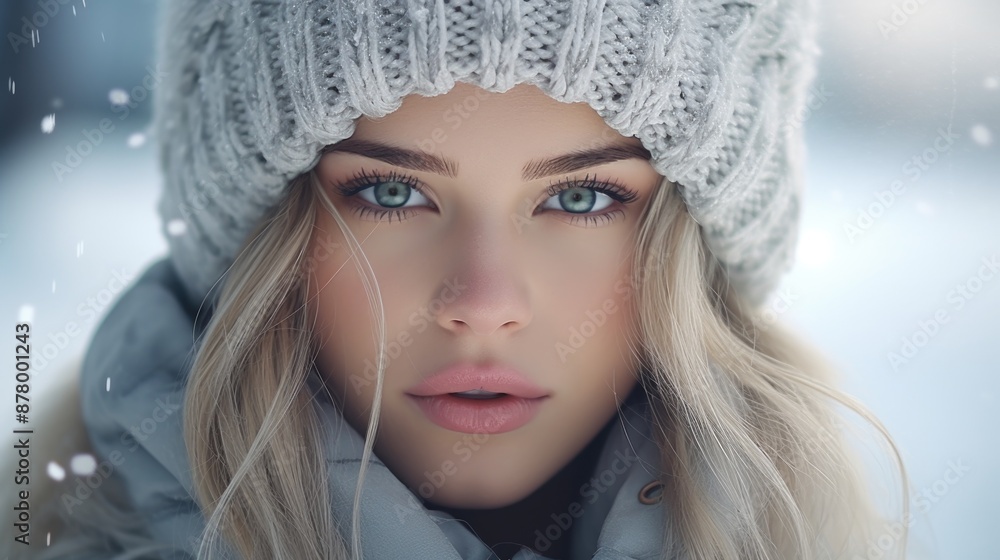 A woman wearing a hat and coat in the snowy environment A woman wearing a hat and coat in the snowy environment